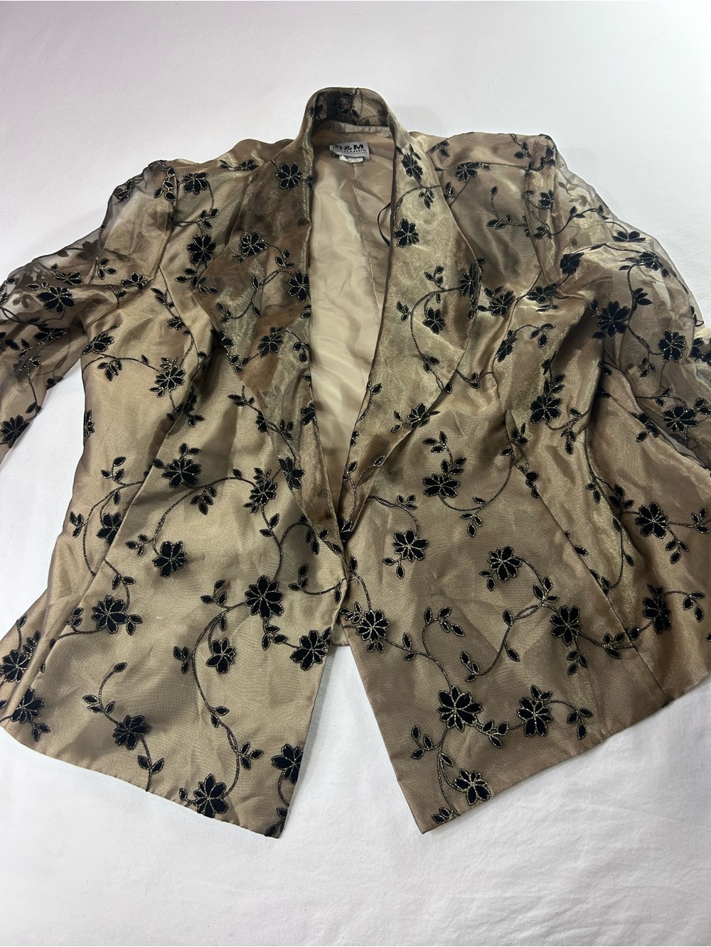 R&M Richards Sheer Gold Blazer with Black Floral Embroidery